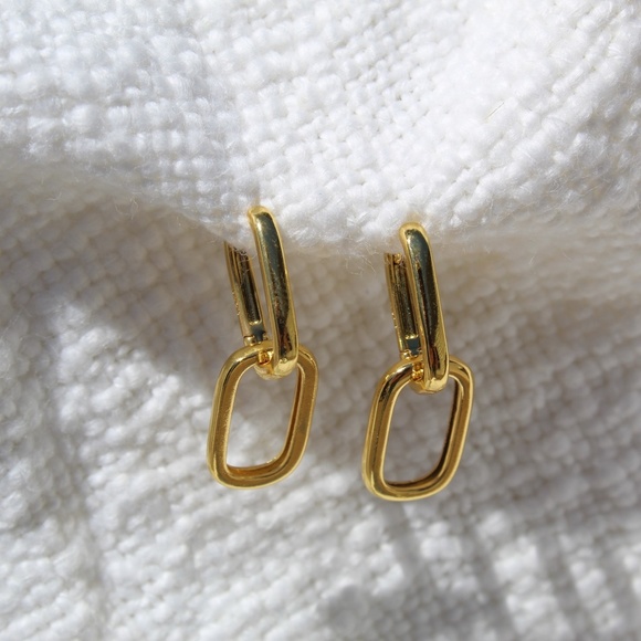 Sterling Silver Gold Chain Link Hoop Dangle Earrings - Picture 2 of 10